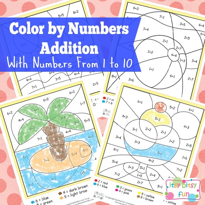 Summer Color by Numbers Addition Worksheets